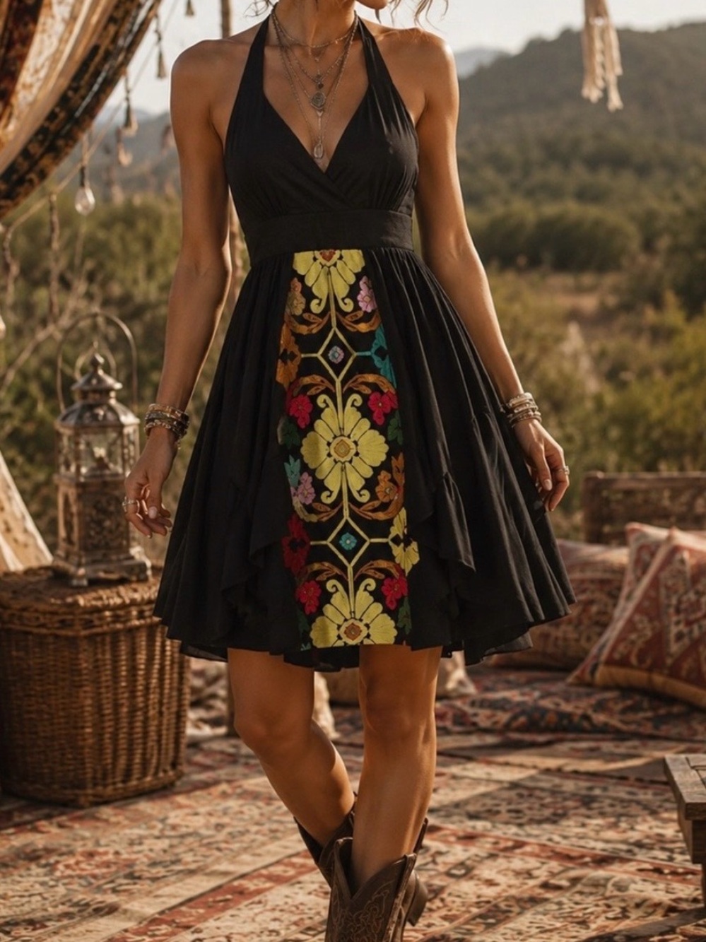 Floreat Black Halter Dress Colorful Floral Embroidery sz 6P